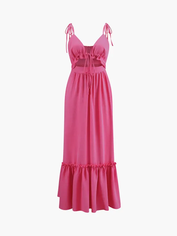 Knotted Cutout Ruffle Split Long Dress sold by COMMENSE