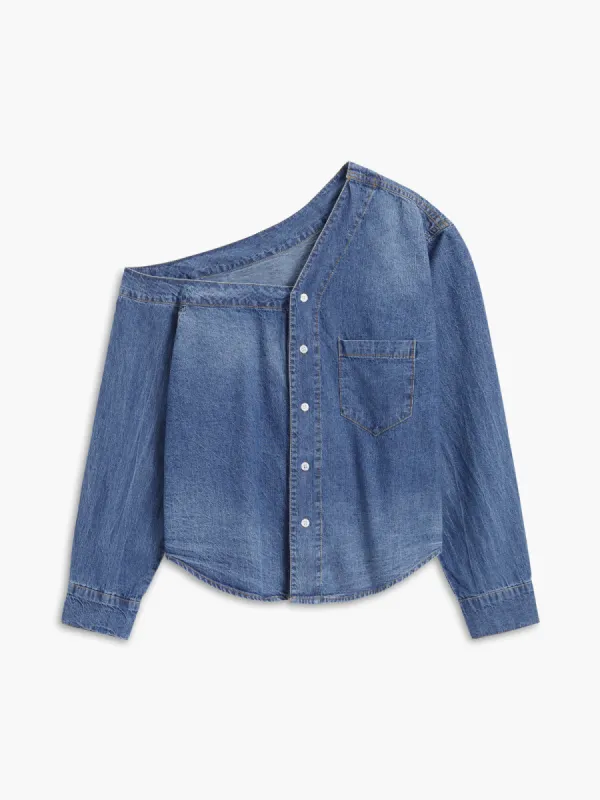 Asymmetrical Collar Denim Crop Shirt sold by COMMENSE