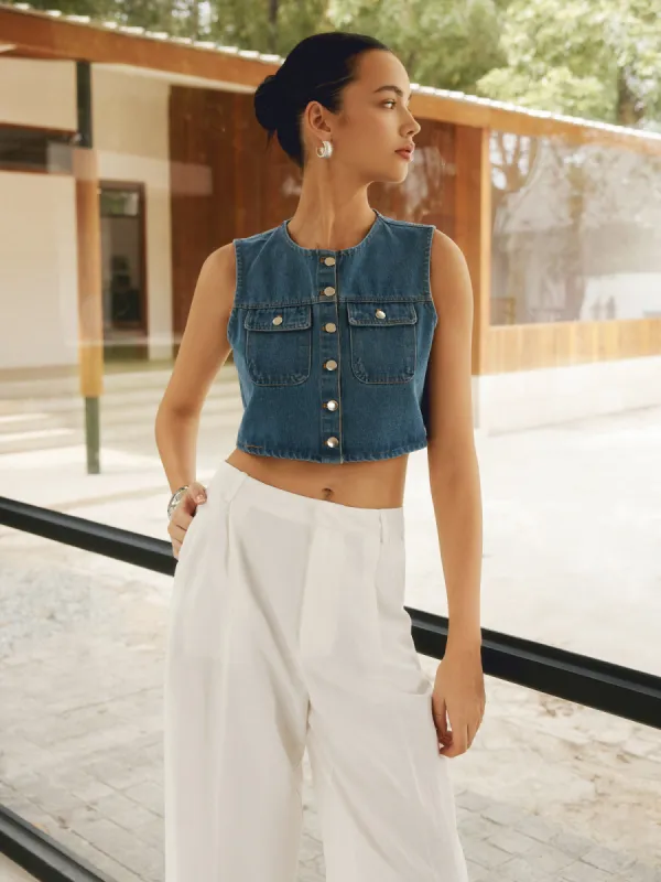 Button Front Double Pockets Denim Top sold by COMMENSE