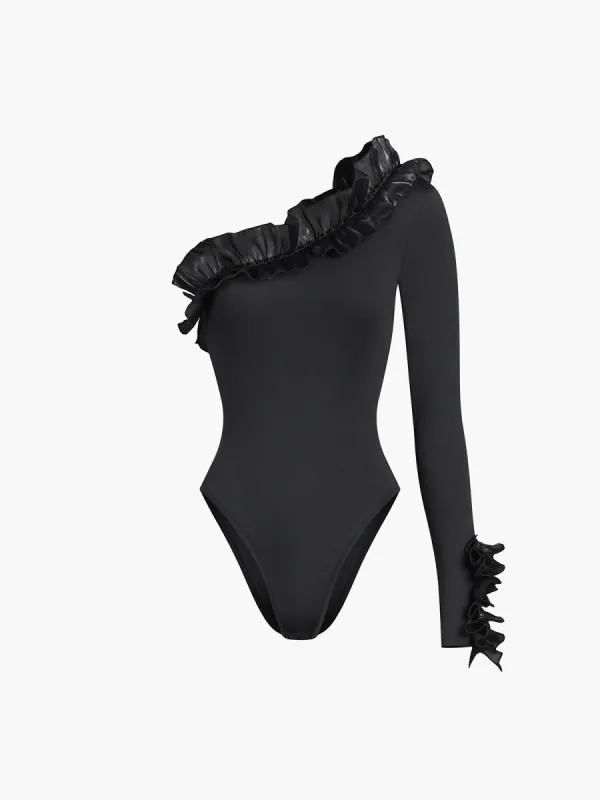 One Shoulder Long Sleeve Ruffle Bodysuit sold by COMMENSE