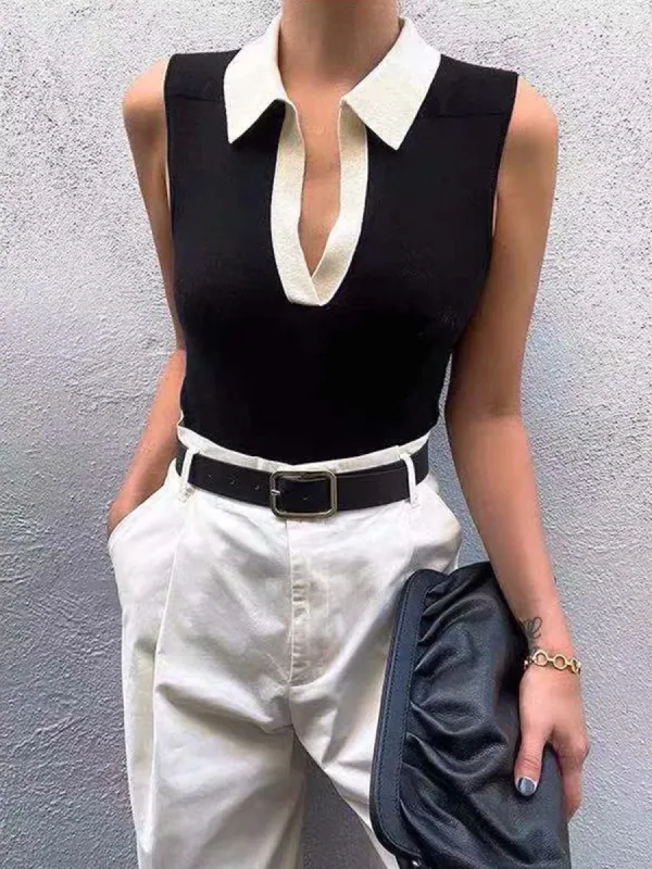 Contrast Trim Collar V-neck Knit Sweater Vest sold by COMMENSE