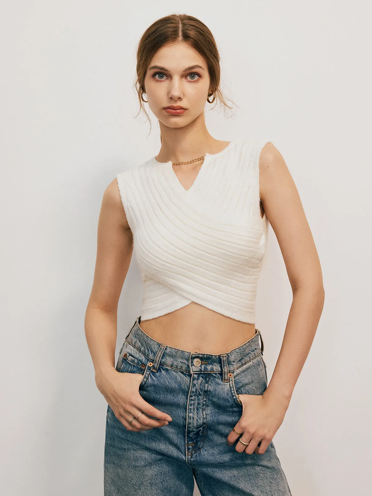 Solid Cross V Neck Sleeveless Knitted Tank Top sold by COMMENSE