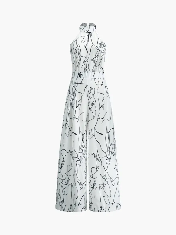 Irregular Print Tie Neck Halter Jumpsuit sold by COMMENSE