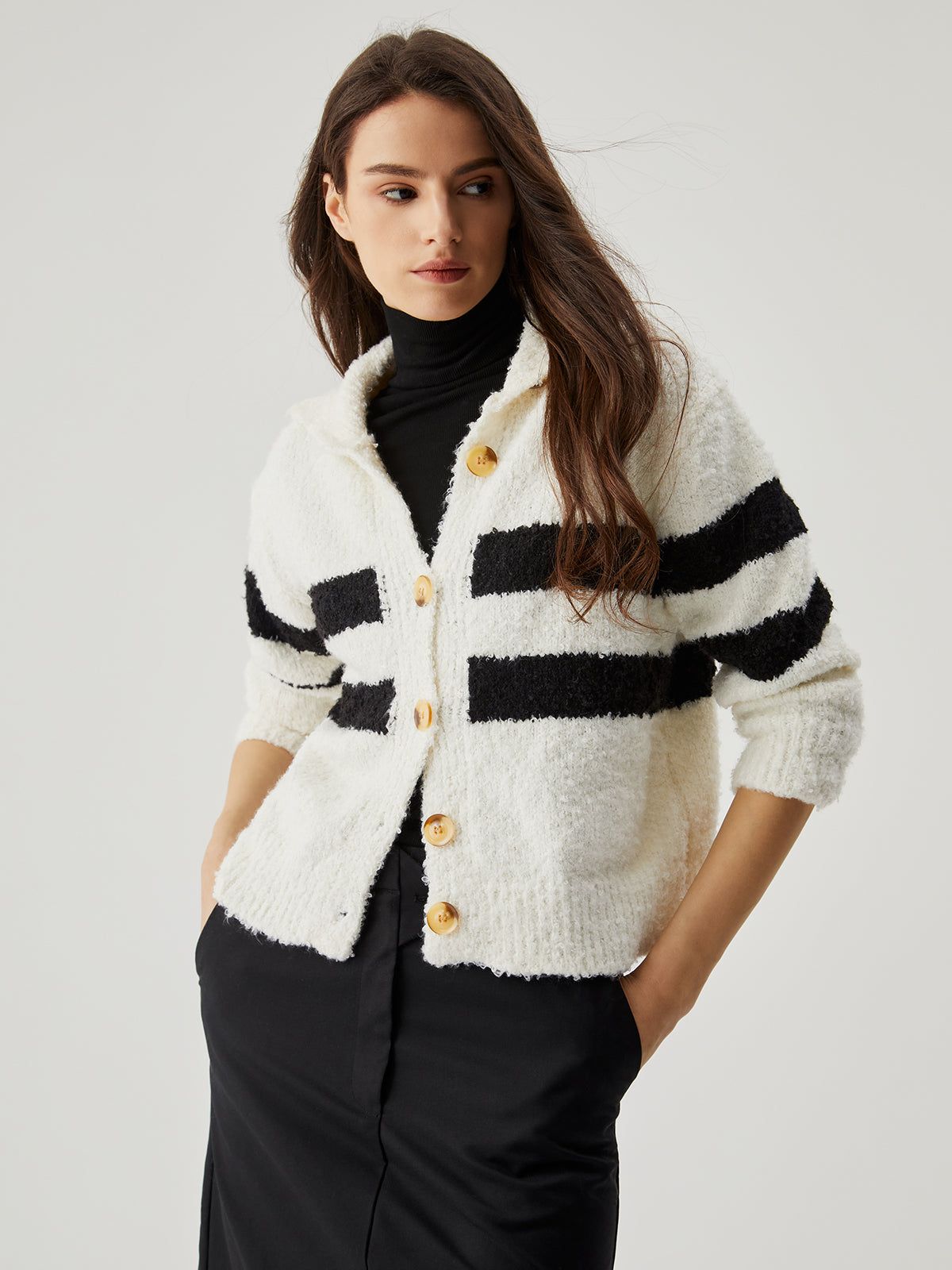 Button Striped Collar Cardigan sold by COMMENSE