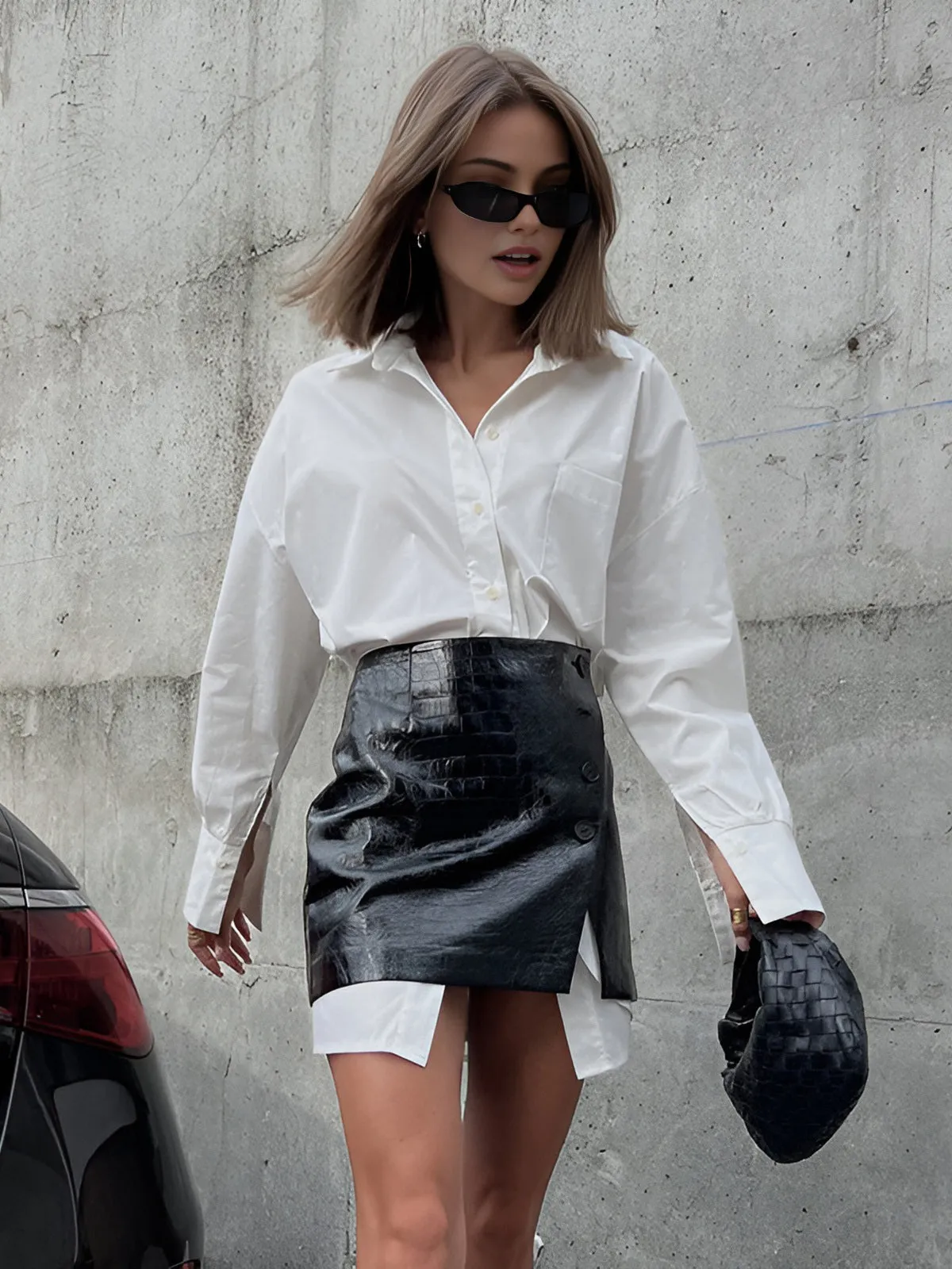Casual Solid Shirt With Faux Leather Mini Skirt Set sold by COMMENSE product image thumbnail 5