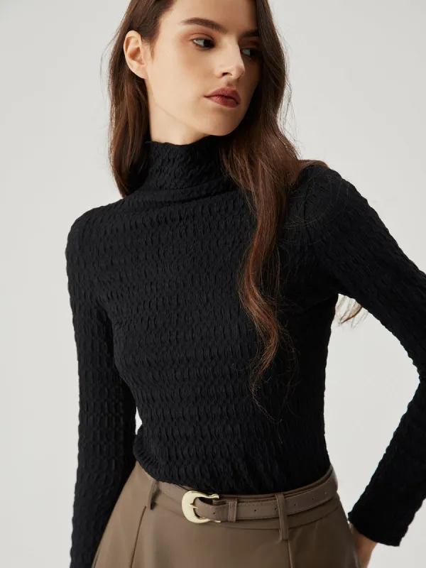 Ruffled Neck Solid Long Sleeve Top sold by COMMENSE
