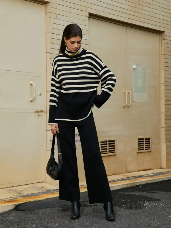 Parisian Stripe Two Piece Turtleneck Sweater Pants Set sold by COMMENSE