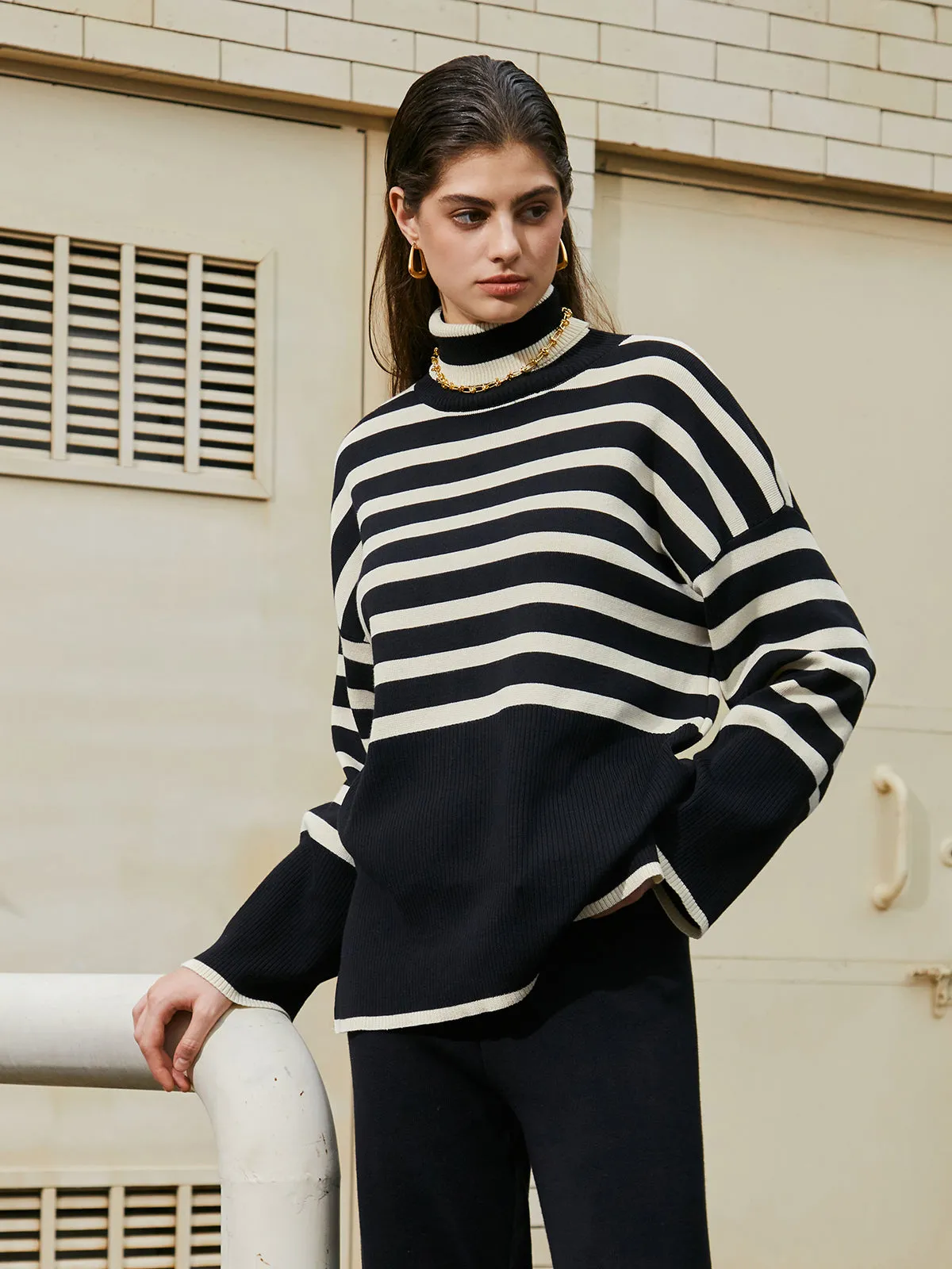 Parisian Stripe Two Piece Turtleneck Sweater Pants Set sold by COMMENSE product image thumbnail 2