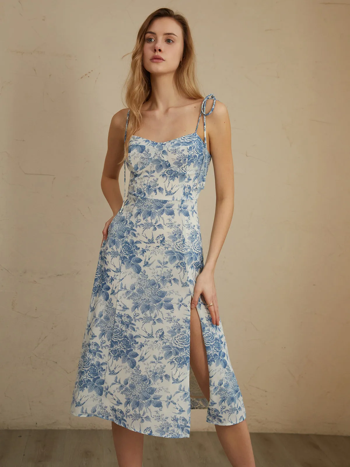 Plant Print Shirred Split Midi Dress sold by COMMENSE product image thumbnail 3