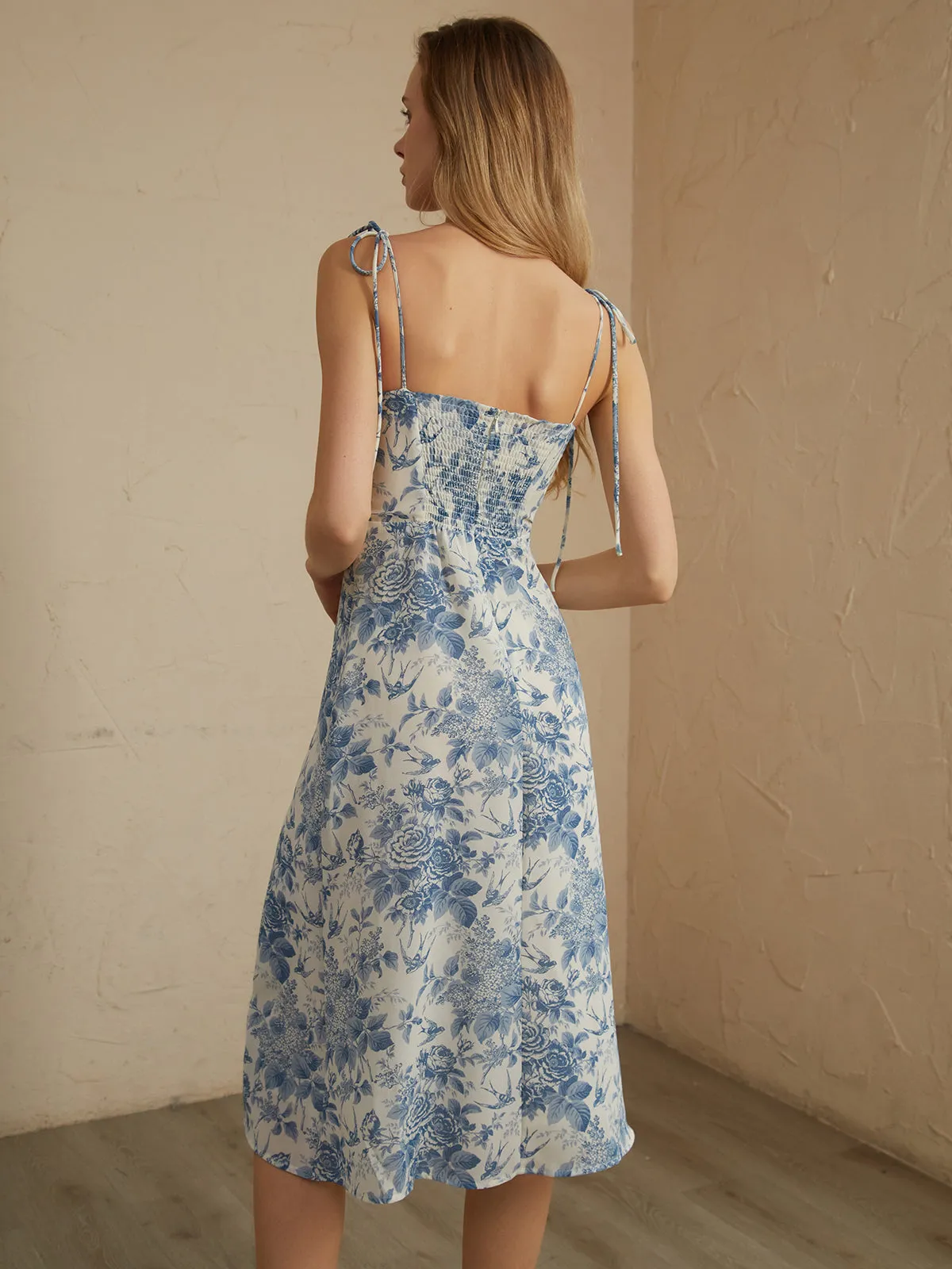 Plant Print Shirred Split Midi Dress sold by COMMENSE product image thumbnail 5