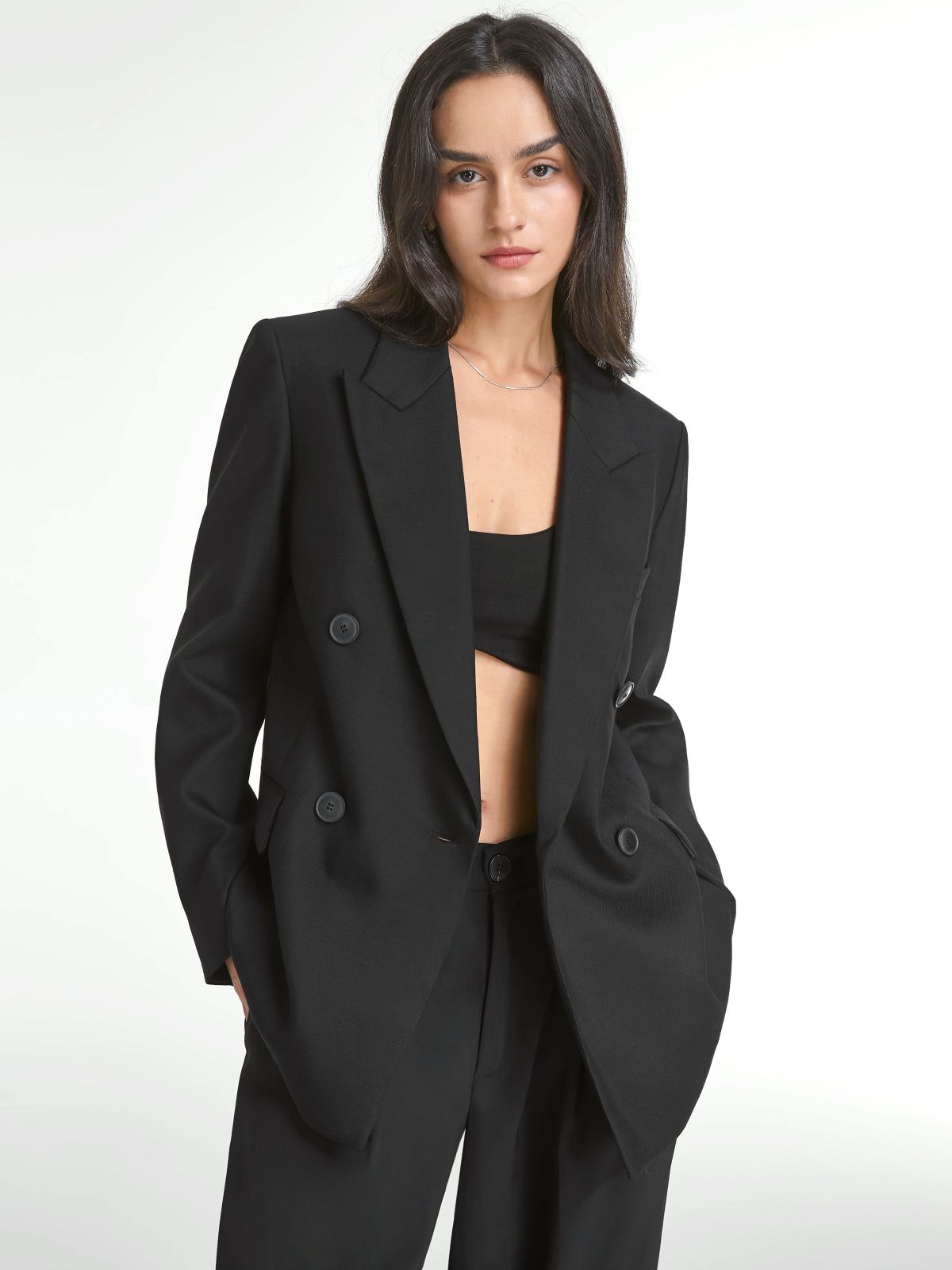 Double Breasted Relaxed Fit Long Blazer sold by COMMENSE