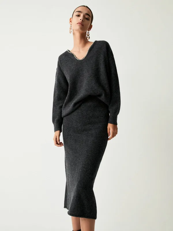 Pearl Trim Sweater Two Piece Skirt Set sold by COMMENSE