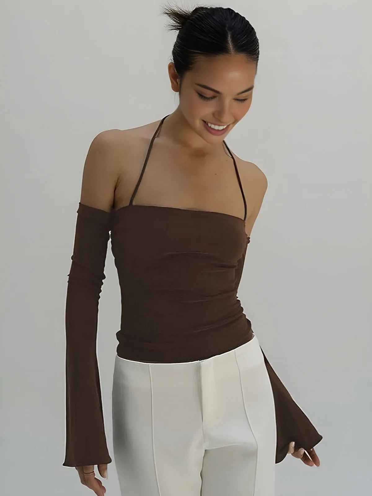 Off Shoulder Backless Long Sleeve Top sold by COMMENSE