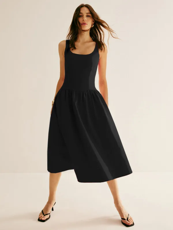 Square Neck Panel Pleated Dress sold by COMMENSE