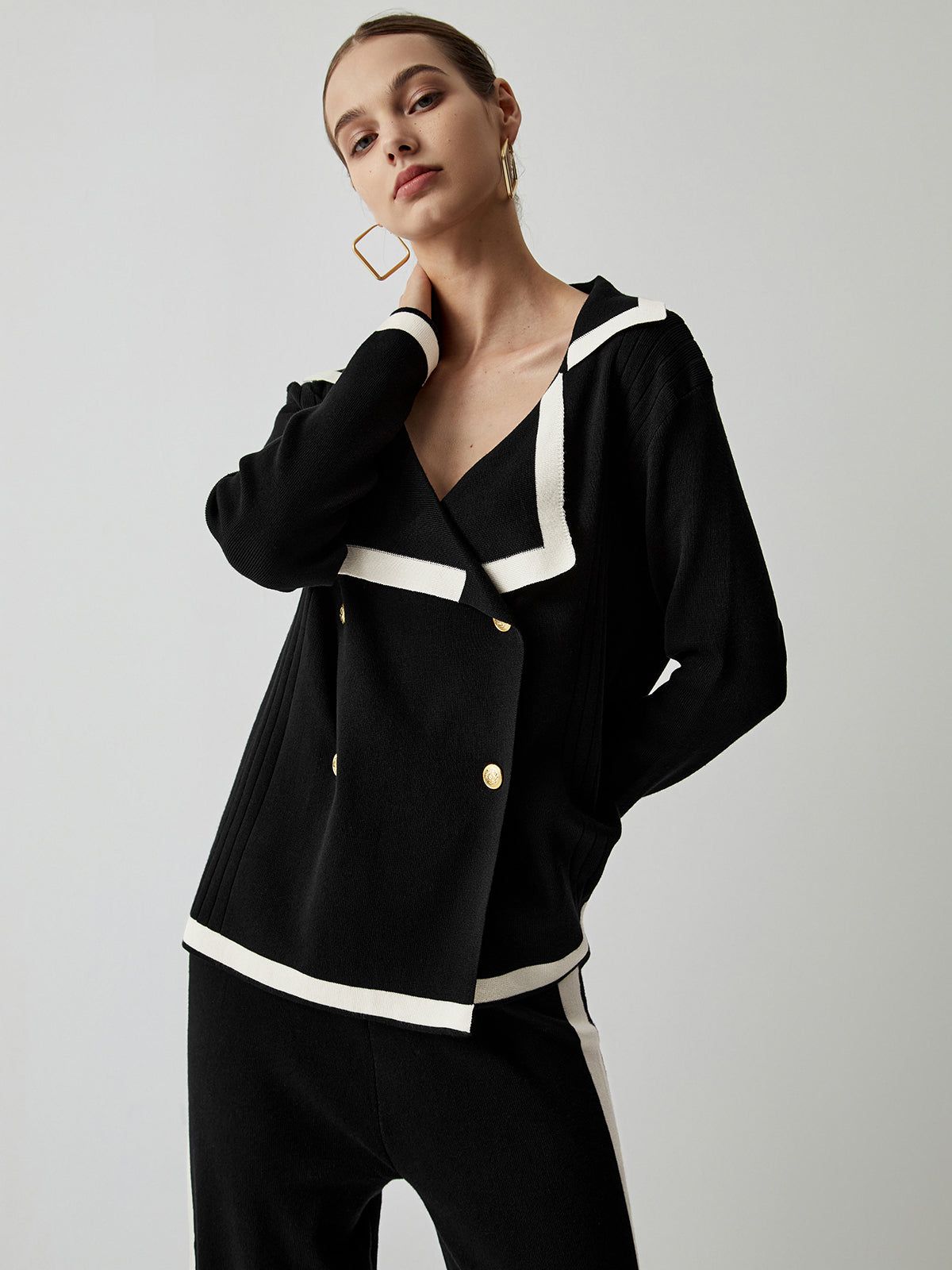 Contrast Trim Double Breasted Cardigan With Matching Pants sold by COMMENSE product image thumbnail 4