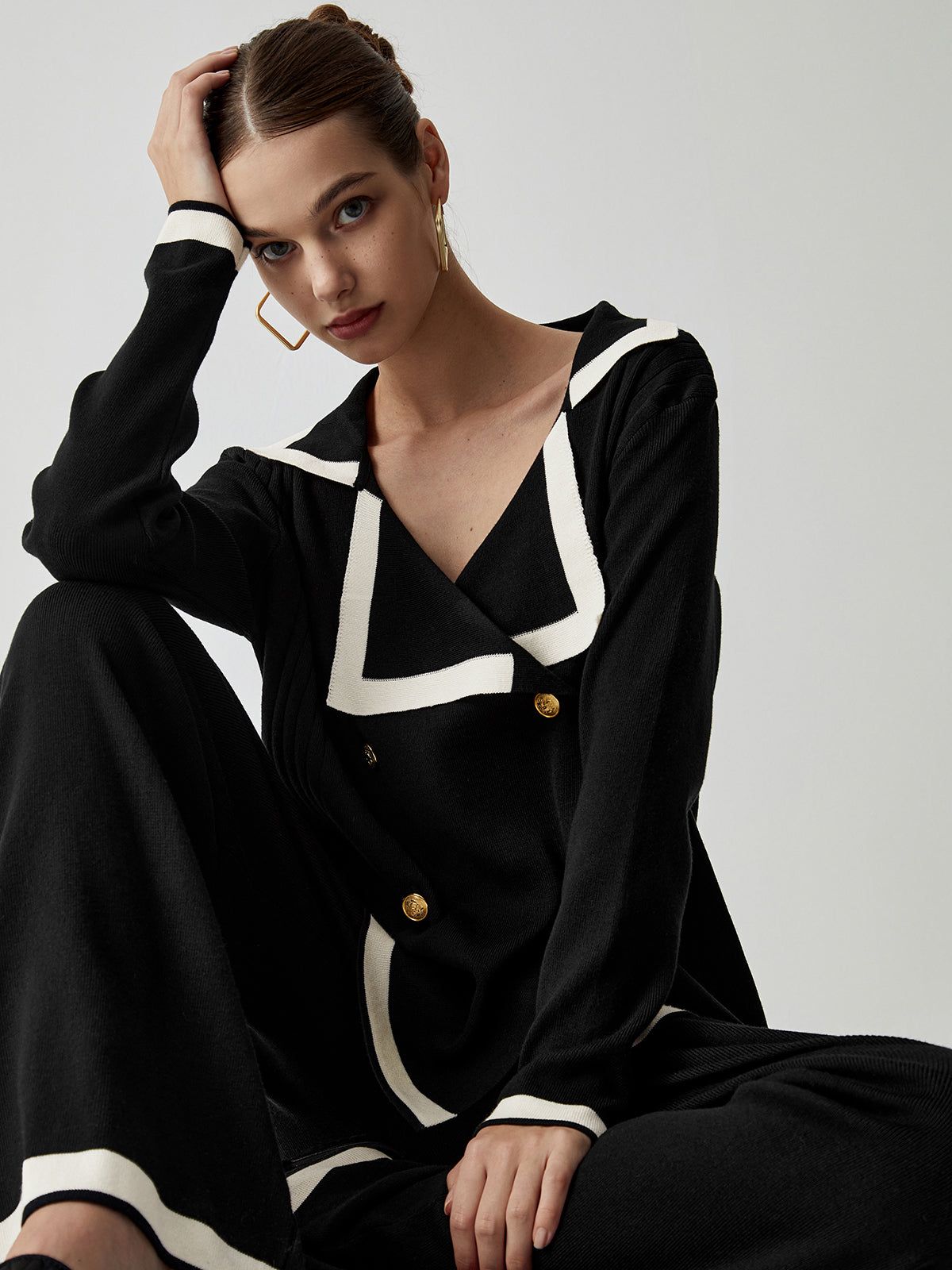 Contrast Trim Double Breasted Cardigan With Matching Pants sold by COMMENSE