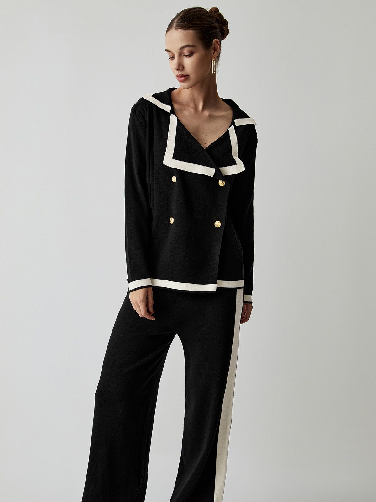 Contrast Trim Double Breasted Cardigan With Matching Pants sold by COMMENSE product image thumbnail 2
