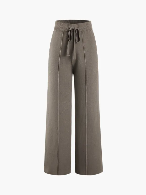 Solid Rib Drawstring Wide Leg Pants sold by COMMENSE