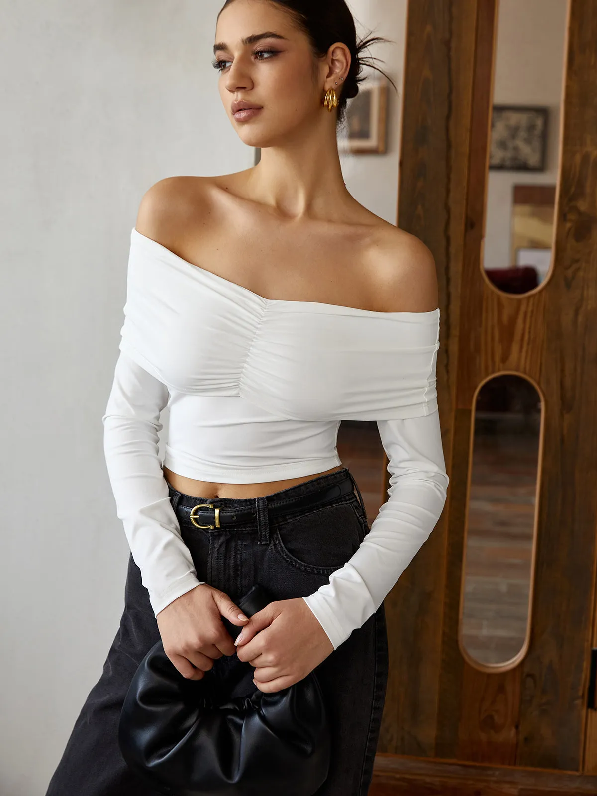 Off Shoulder Long Sleeve T-Shirt sold by COMMENSE product image thumbnail 5
