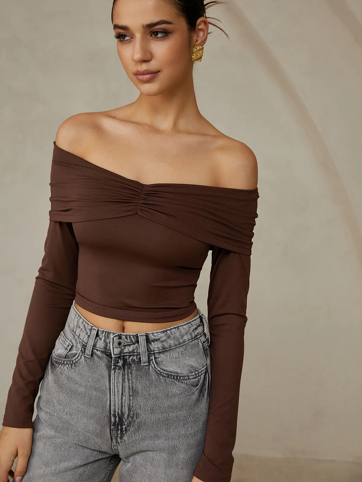Off Shoulder Long Sleeve T-Shirt sold by COMMENSE product image thumbnail 2