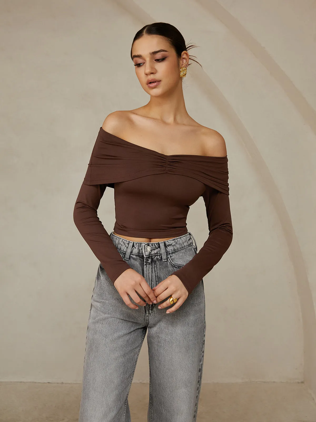 Off Shoulder Long Sleeve T-Shirt sold by COMMENSE product image thumbnail 3