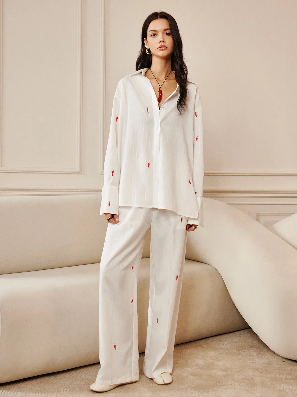 Red Chili Pepper Embroidery Lapel Shirt sold by COMMENSE product image thumbnail 5