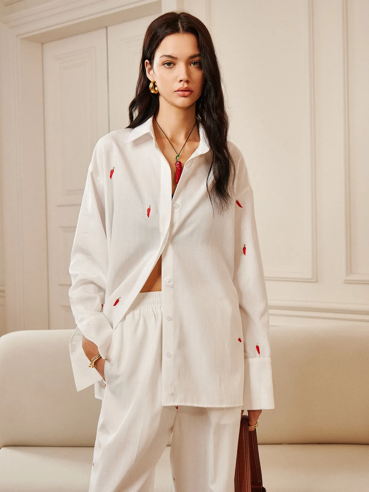 Red Chili Pepper Embroidery Lapel Shirt sold by COMMENSE product image thumbnail 2