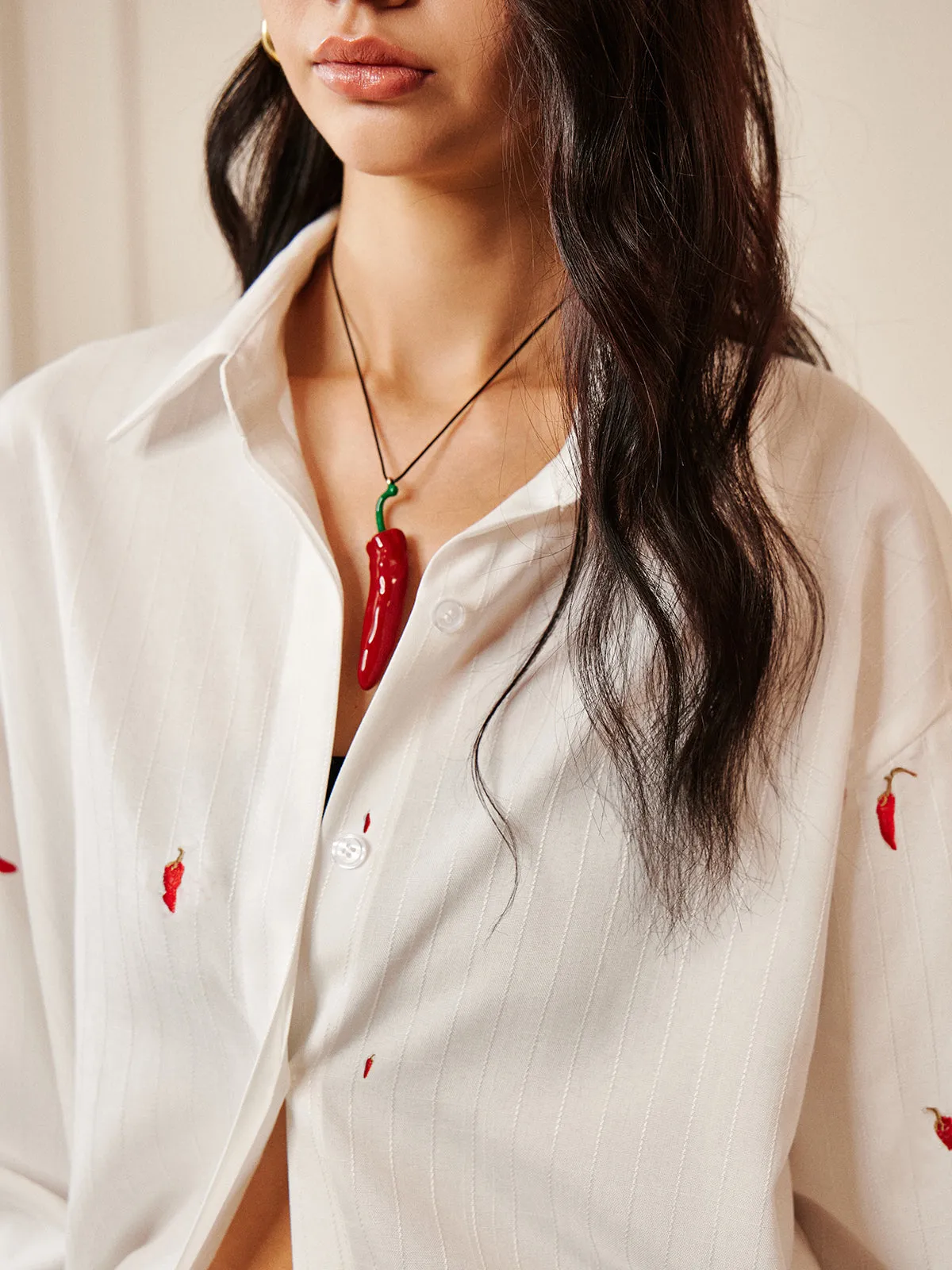 Red Chili Pepper Embroidery Lapel Shirt sold by COMMENSE product image thumbnail 3