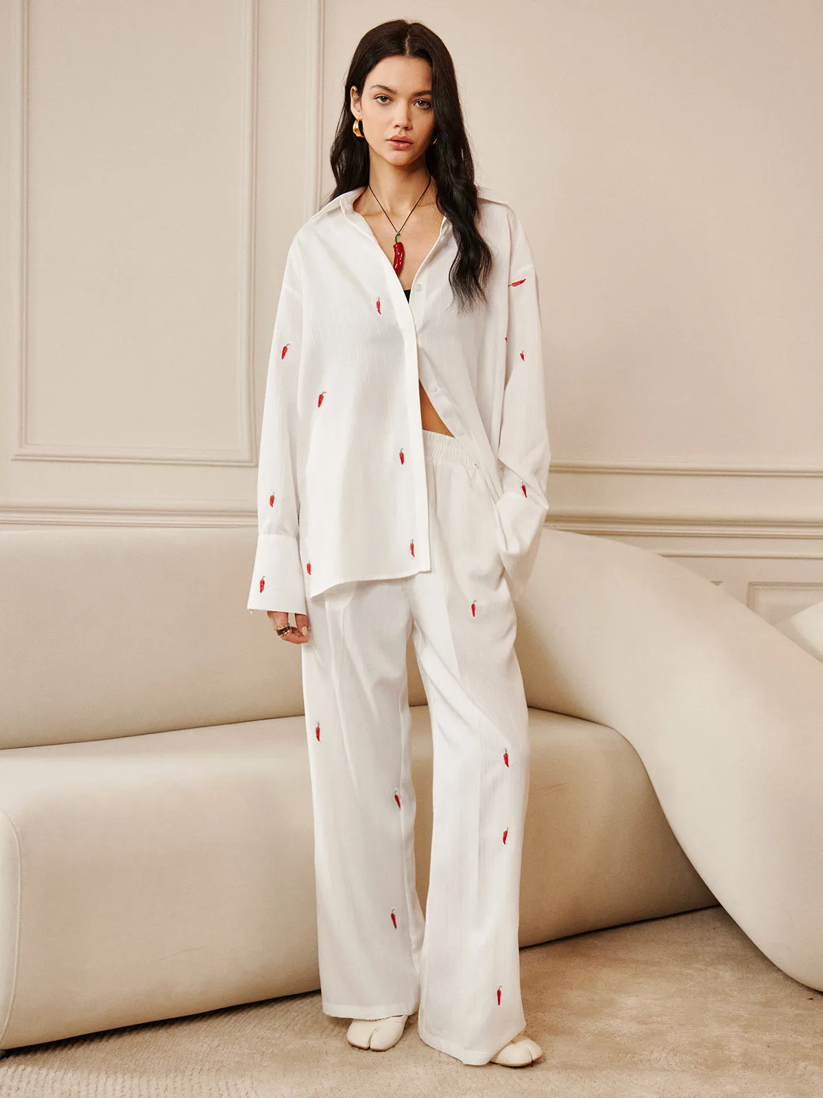 Red Chili Pepper Embroidery Lapel Shirt sold by COMMENSE product image thumbnail 4