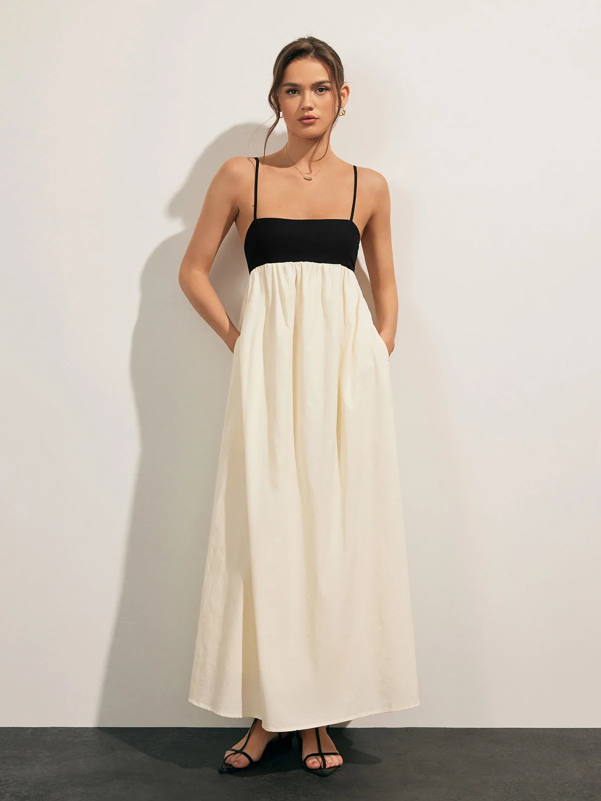 Open Back Contrast Pocket Long Dress sold by COMMENSE product image thumbnail 5