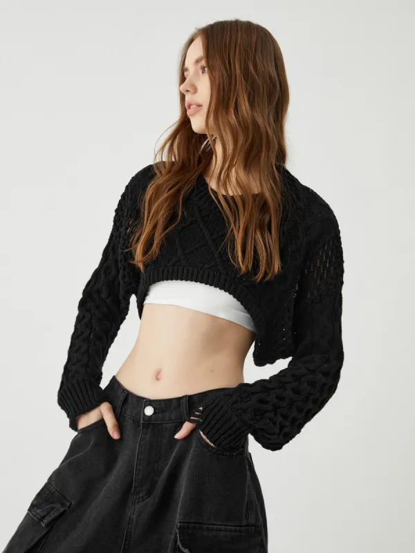 Crocheted Cable Knit Long Sleeve Crop Top sold by COMMENSE