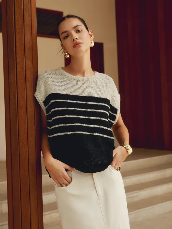 Casual Cotton Blends Striped Knit Top sold by COMMENSE