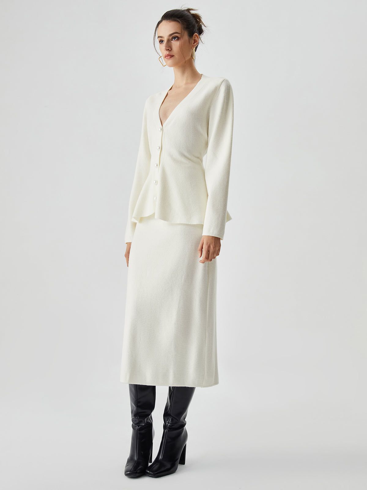 Solid Ruffle Hem V-neck Pearl Button Knit Sweater sold by COMMENSE product image thumbnail 2