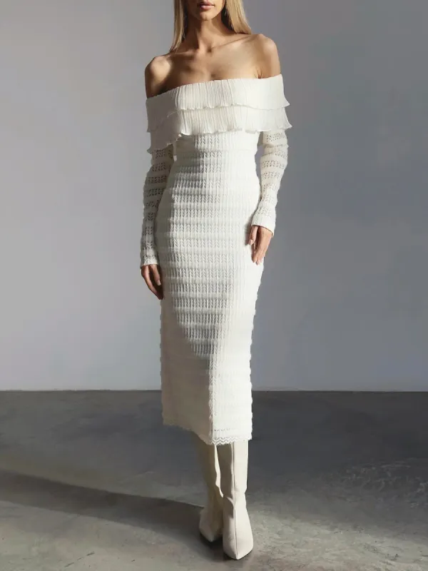 Ruffled Overfold Off Shoulder Layered Knit Midi Dress made by COMMENSE