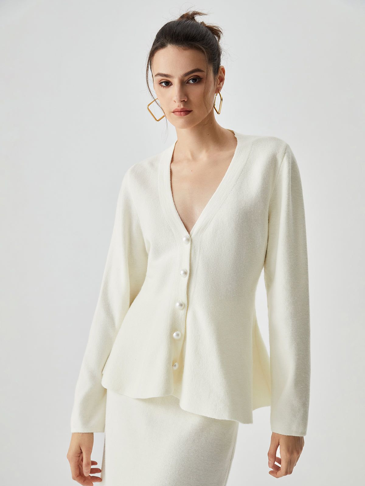 Solid Ruffle Hem V-neck Pearl Button Knit Sweater sold by COMMENSE product image thumbnail 3