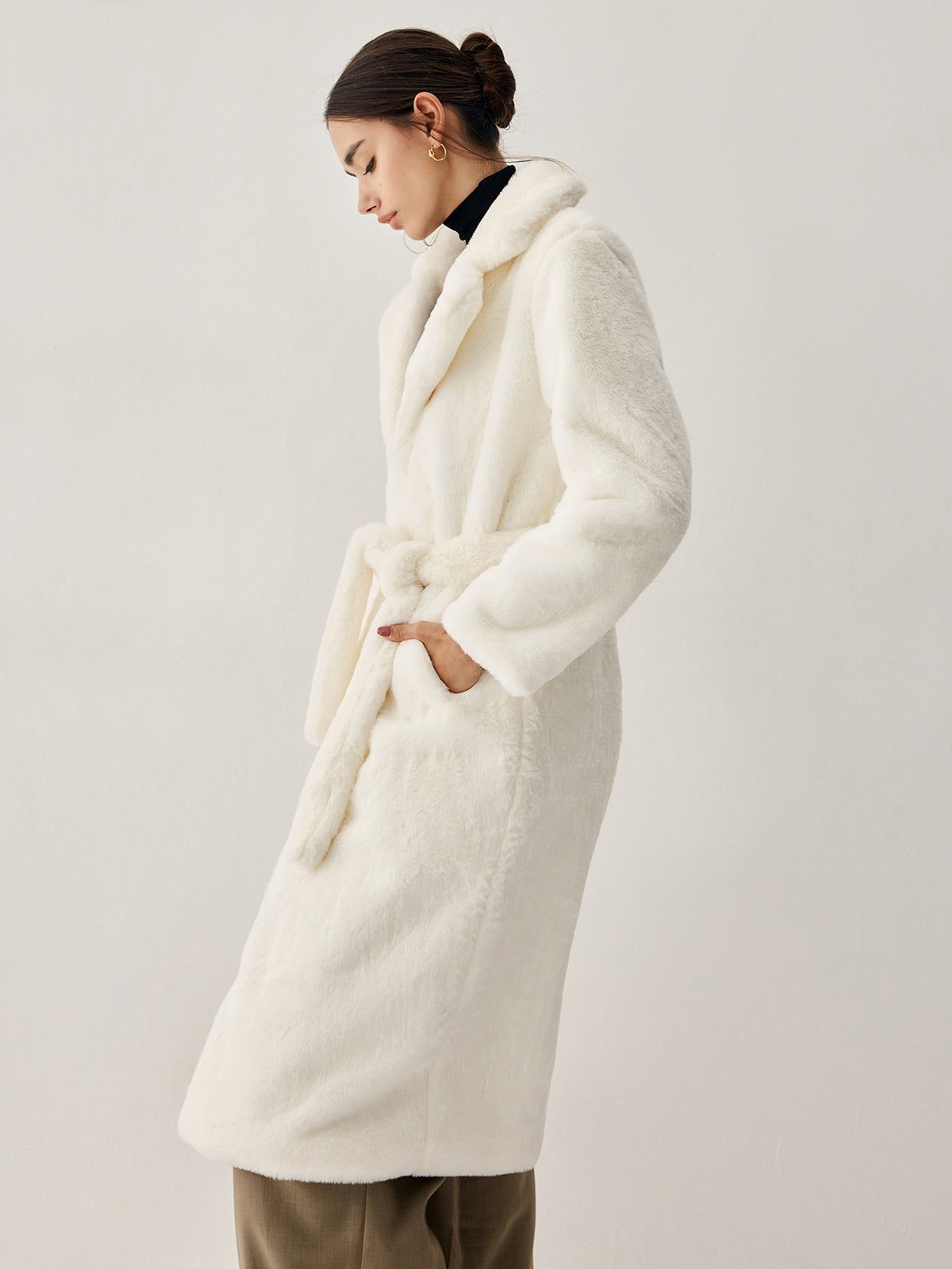 Open Collar Faux Fur Trench Coat sold by COMMENSE product image thumbnail 4