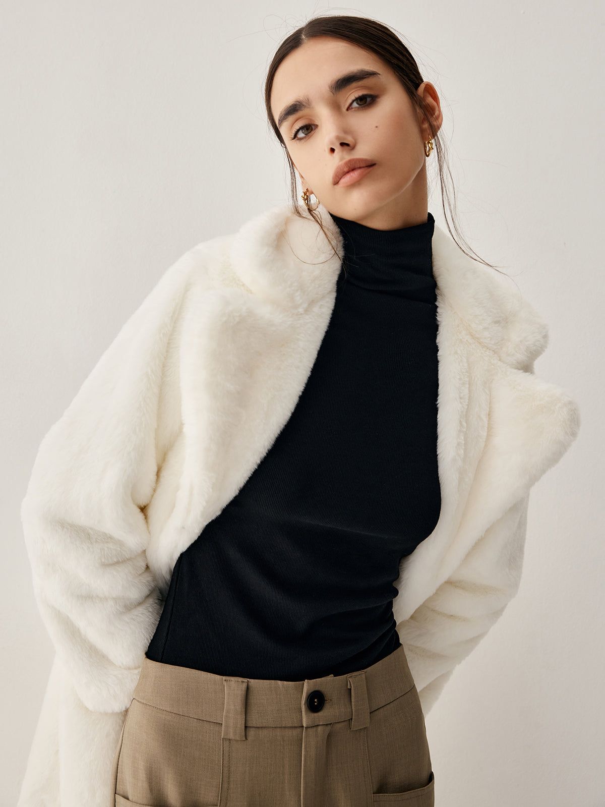 Open Collar Faux Fur Trench Coat sold by COMMENSE