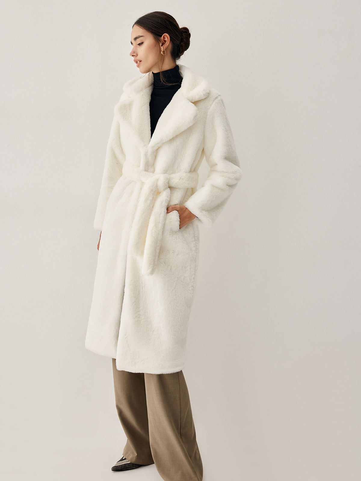 Open Collar Faux Fur Trench Coat sold by COMMENSE product image thumbnail 2