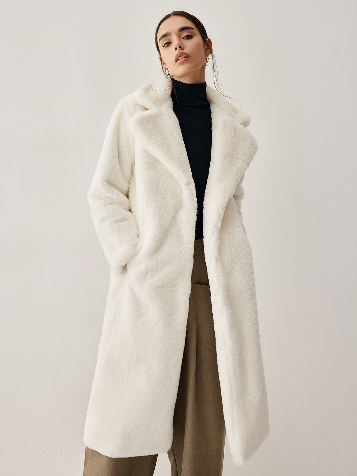 Open Collar Faux Fur Trench Coat sold by COMMENSE product image thumbnail 3