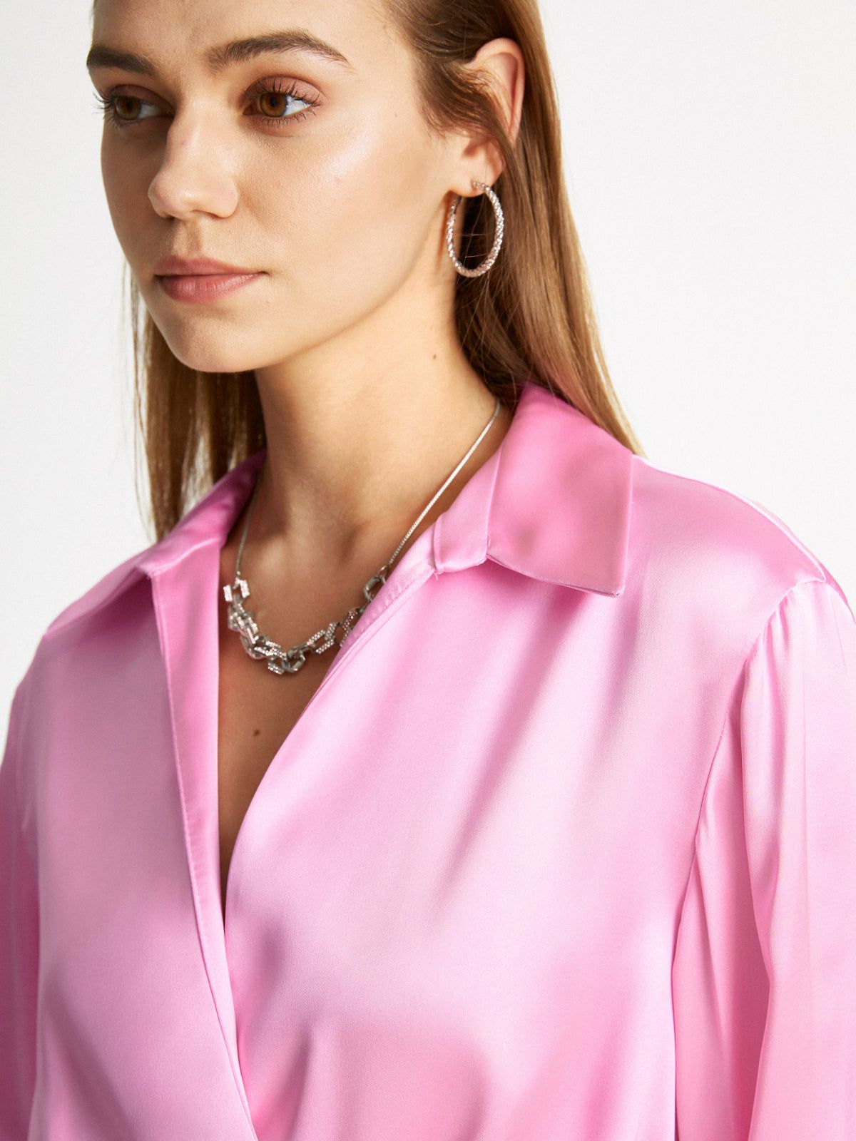 Satin Long Sleeve Wrap Shirt Dress sold by COMMENSE product image thumbnail 4