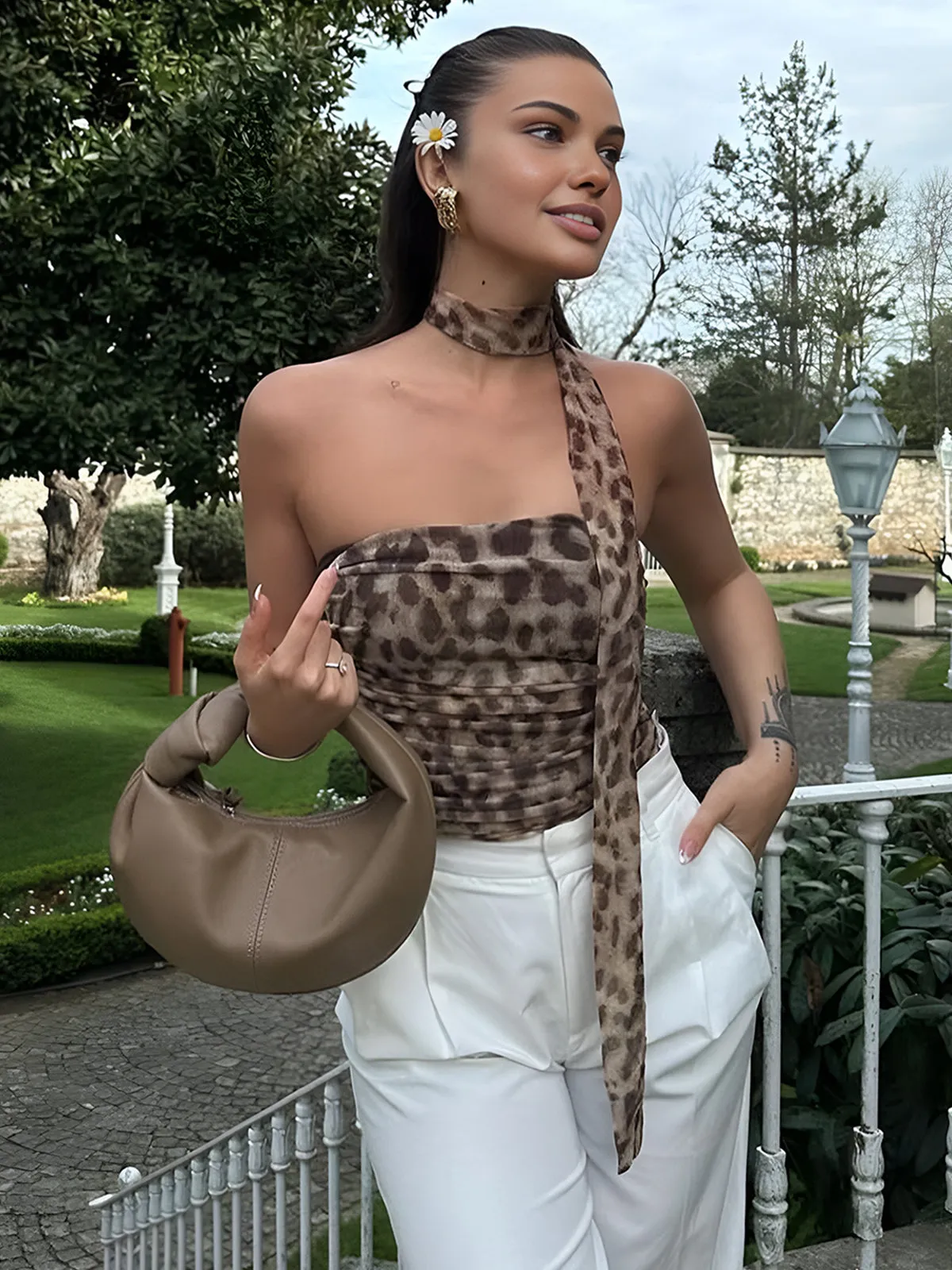 Leopard Print Tie Neck Backless Tube Top sold by COMMENSE