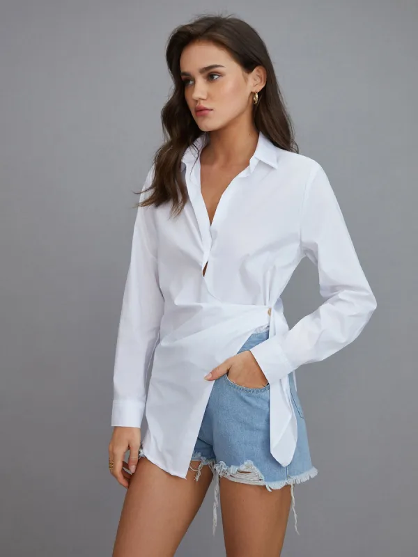 Collared Wrap Long Sleeve Shirt sold by COMMENSE