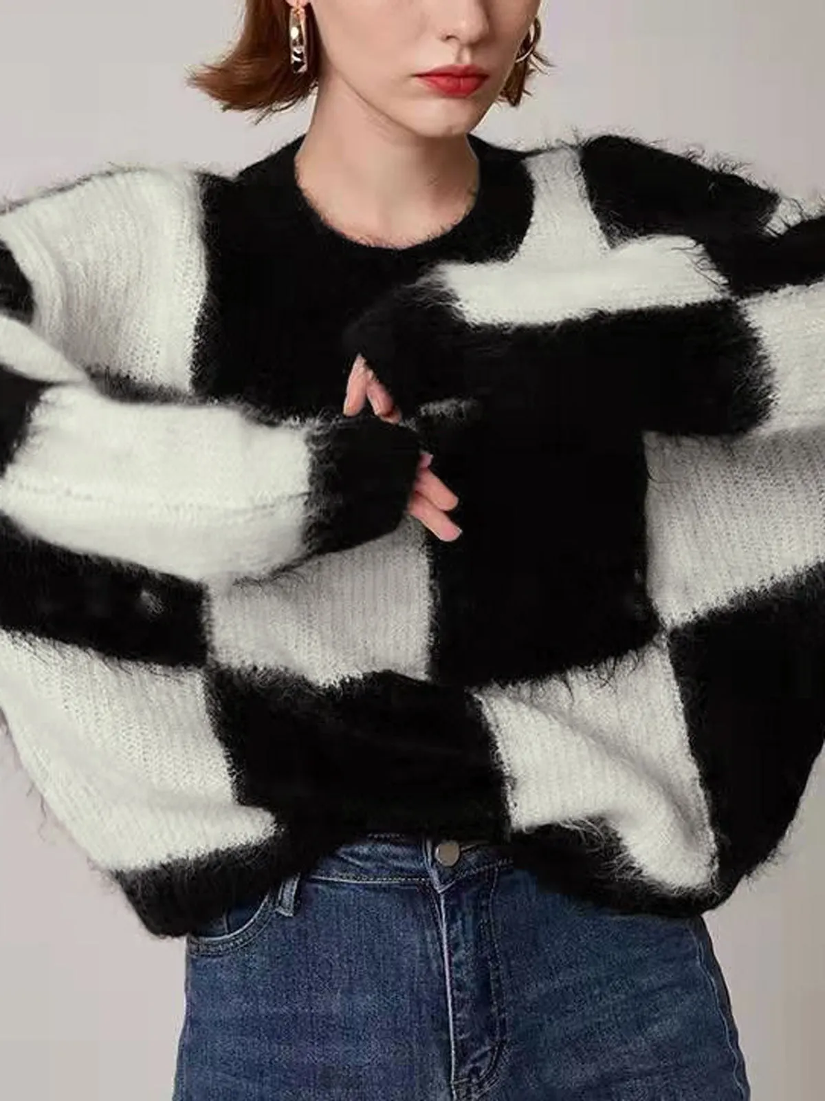 Check Colorblock Crew Neck Knit Sweater sold by COMMENSE