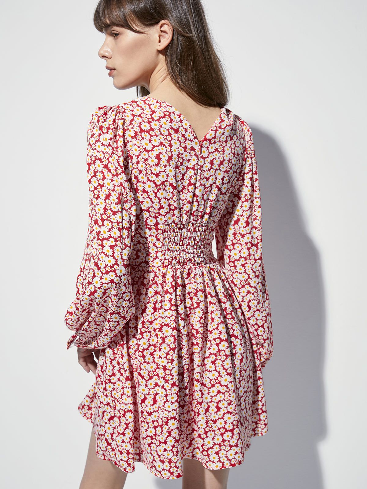 Long Sleeve Mini Floral V Neck Cinched Mini A Line Dress sold by COMMENSE product image thumbnail 5