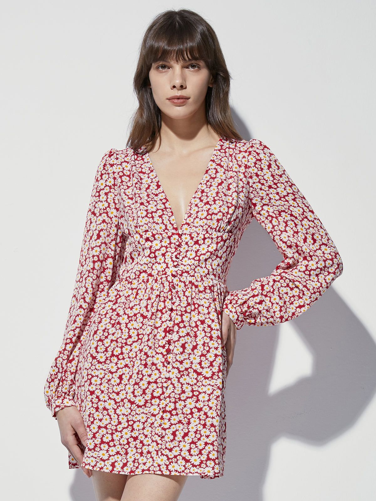 Long Sleeve Mini Floral V Neck Cinched Mini A Line Dress sold by COMMENSE product image thumbnail 2