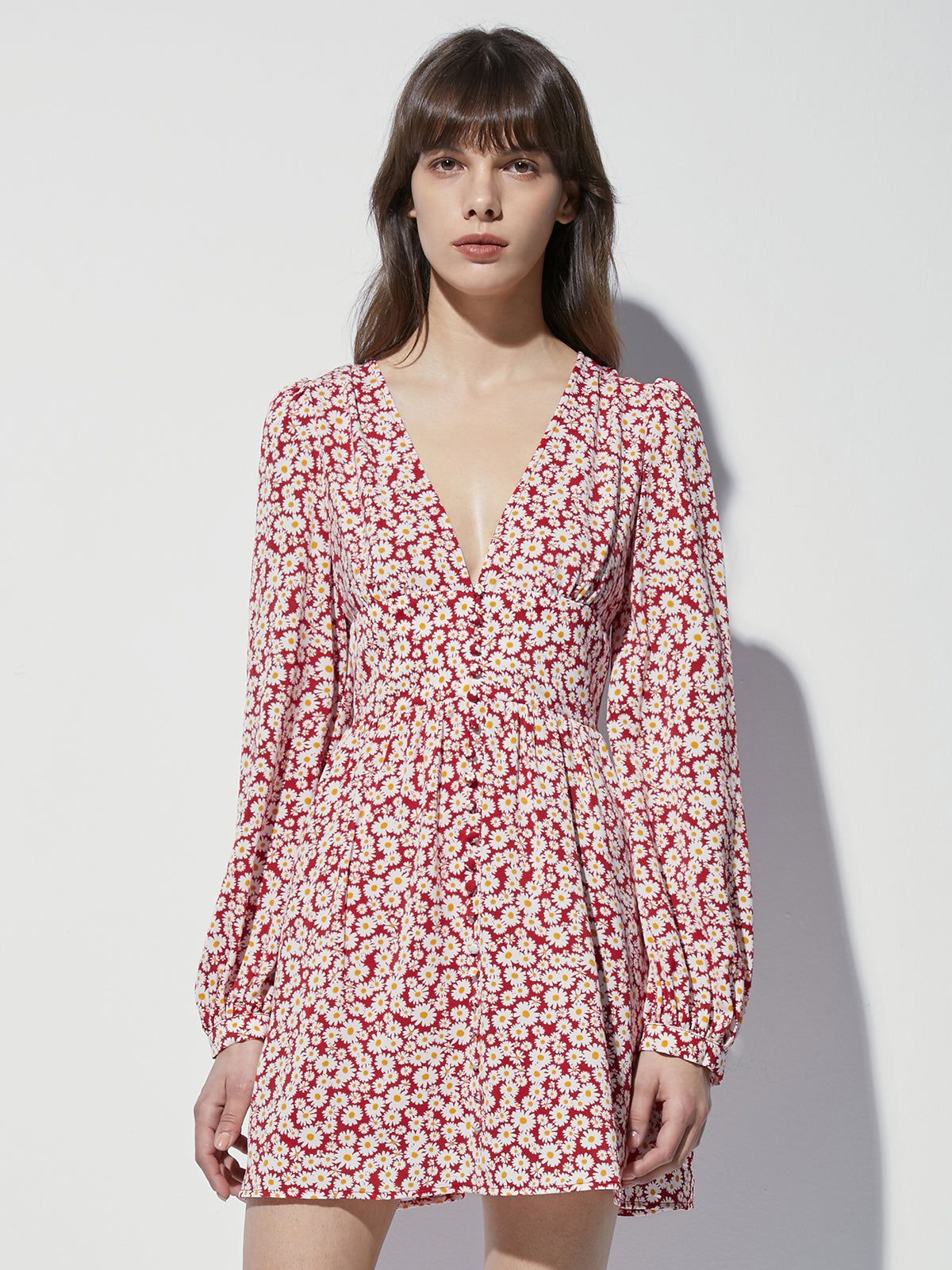 Long Sleeve Mini Floral V Neck Cinched Mini A Line Dress sold by COMMENSE product image thumbnail 3