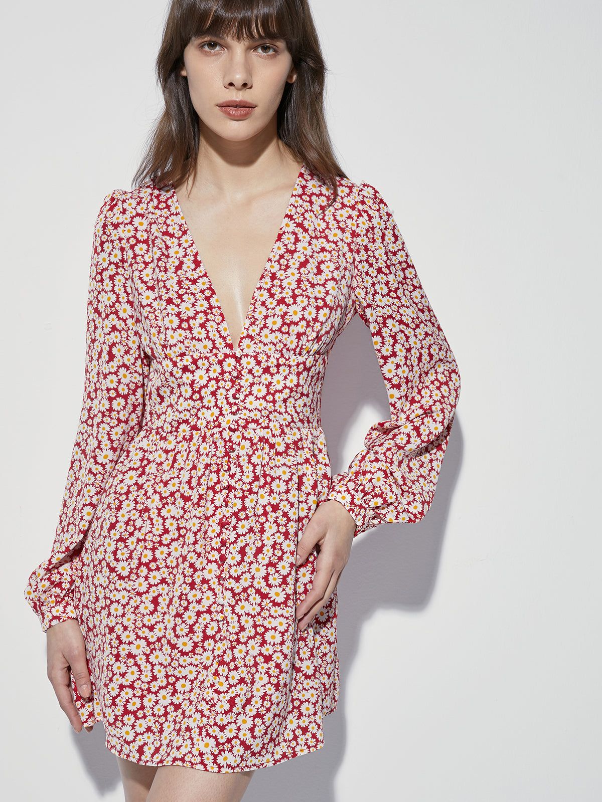 Long Sleeve Mini Floral V Neck Cinched Mini A Line Dress sold by COMMENSE product image thumbnail 4