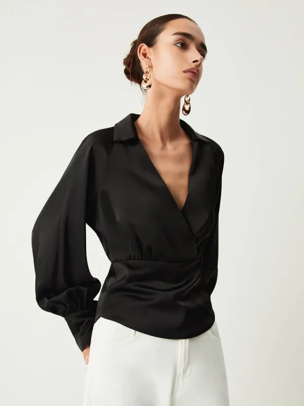 Wrap Open Collar Satin Long Sleeve Blouse sold by COMMENSE