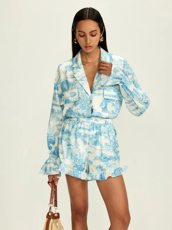 Lapel Ruffle Printed Shorts Set made by COMMENSE