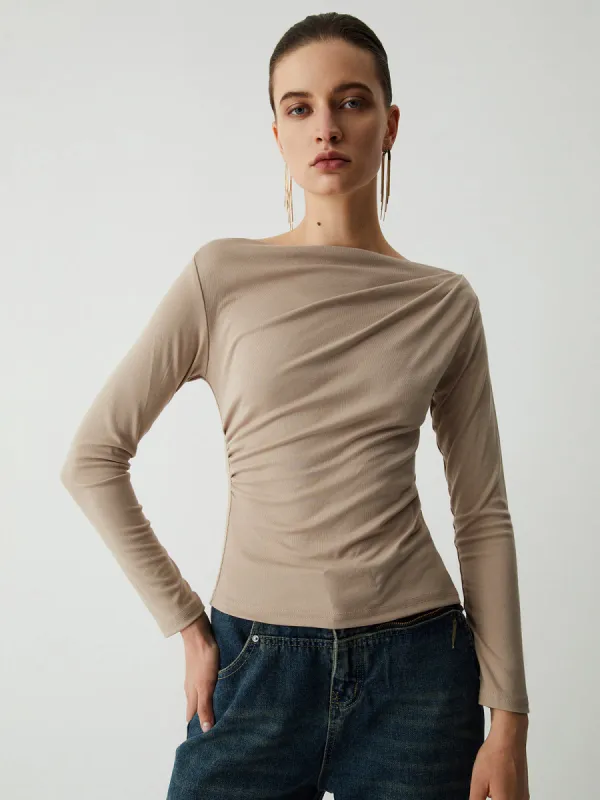 Oatmeal Ruched Long Sleeve Top sold by COMMENSE